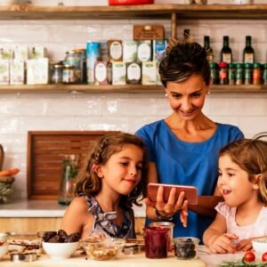 Little sisters cooking with her mother in the kitchen.